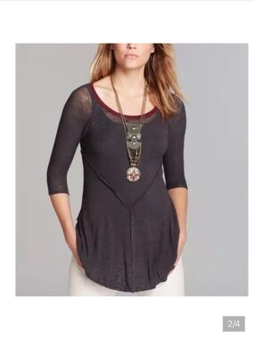 Free People Charcoal Scoop Neck 3/4 Sleeve Tunic with Burgundy Trim,light sheer